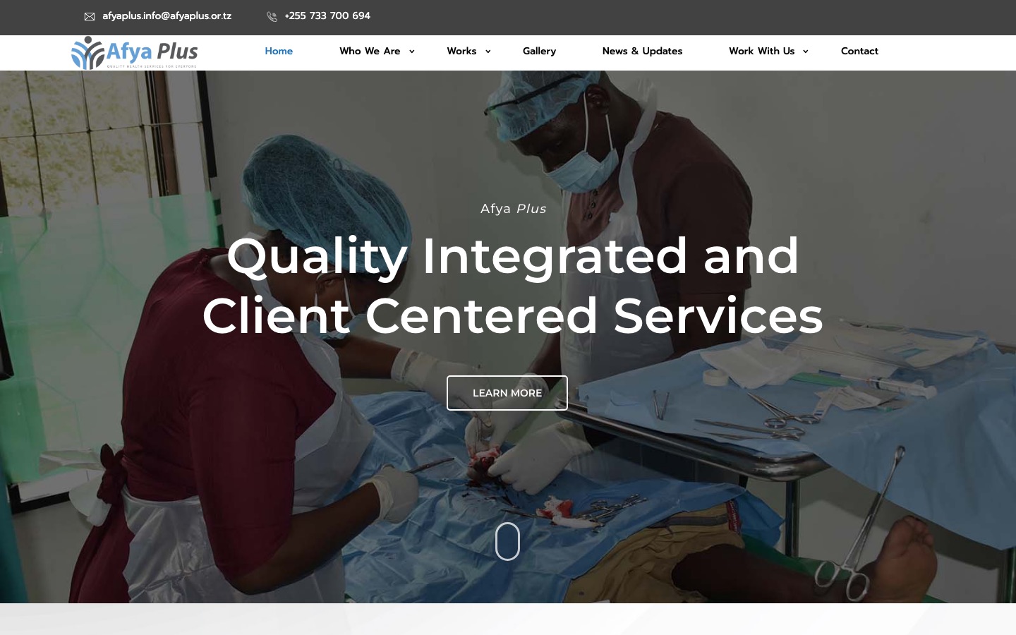 Afya Plus, NGO website revamp: home page screenshot
