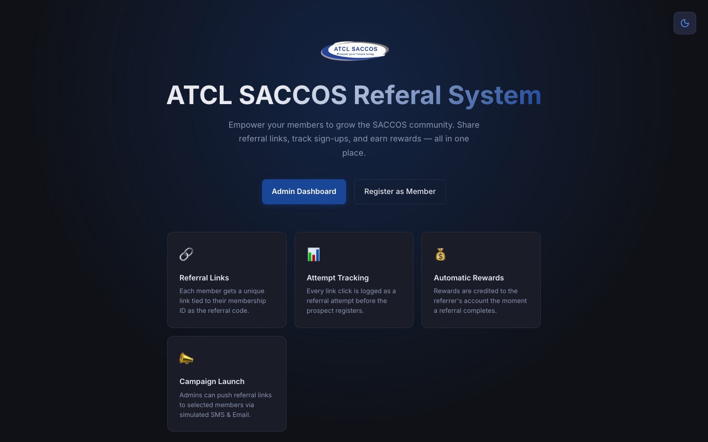 SACCOS referral system, Member referral and rewards: home page screenshot