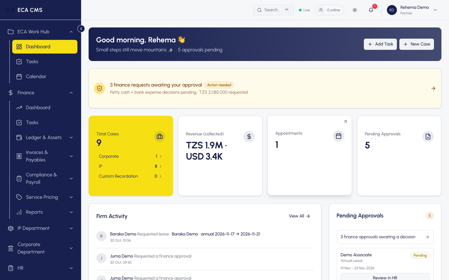 ECA Work Hub, Practice management for a law and IP firm: home page screenshot