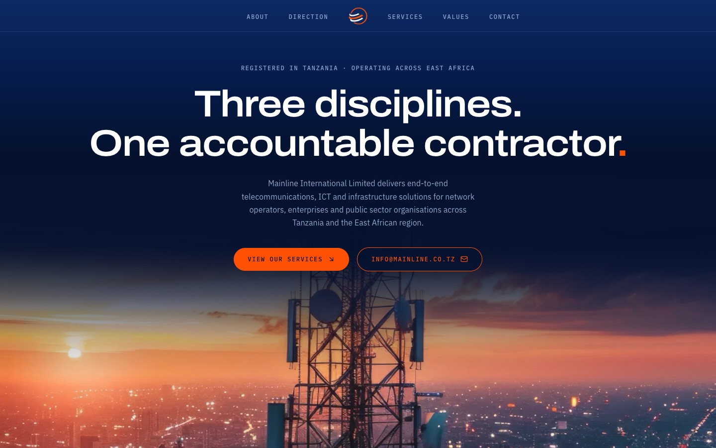 Mainline International, One-page contractor website: home page screenshot