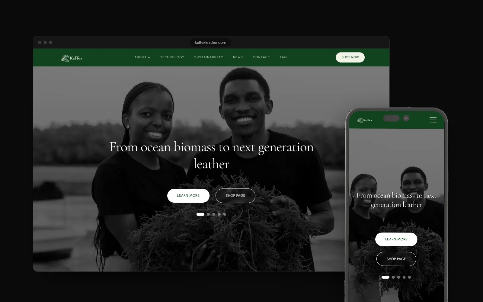 KelTex Leather, Brand site for a bio-leather startup