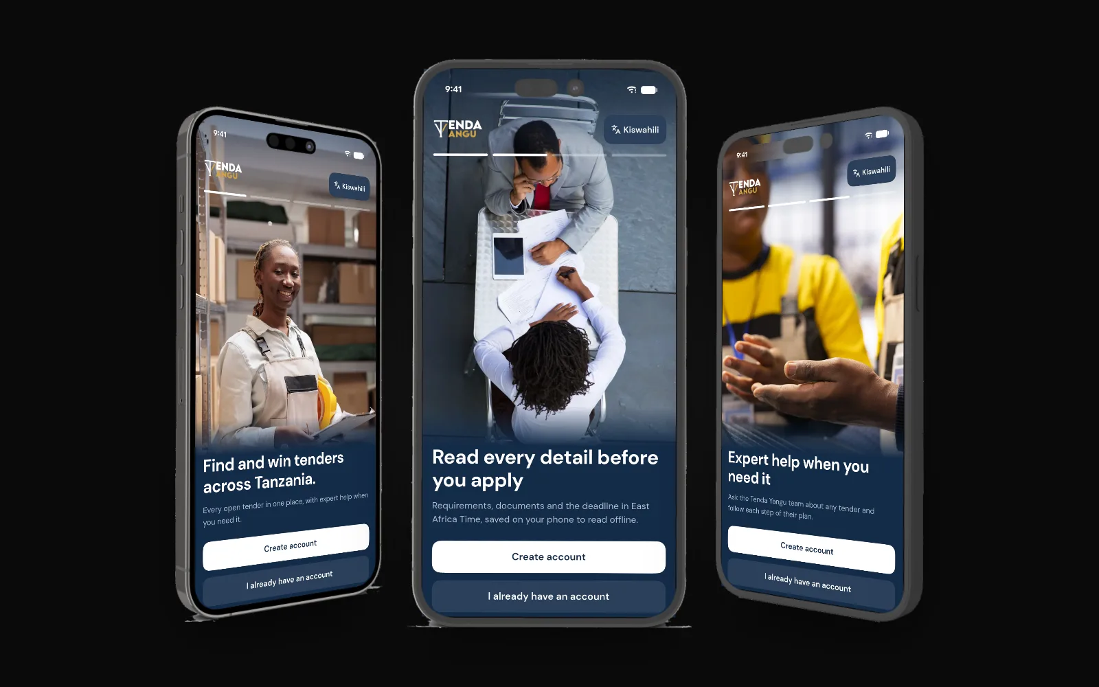 Tenda Yangu, Bidder mobile app: three app screens