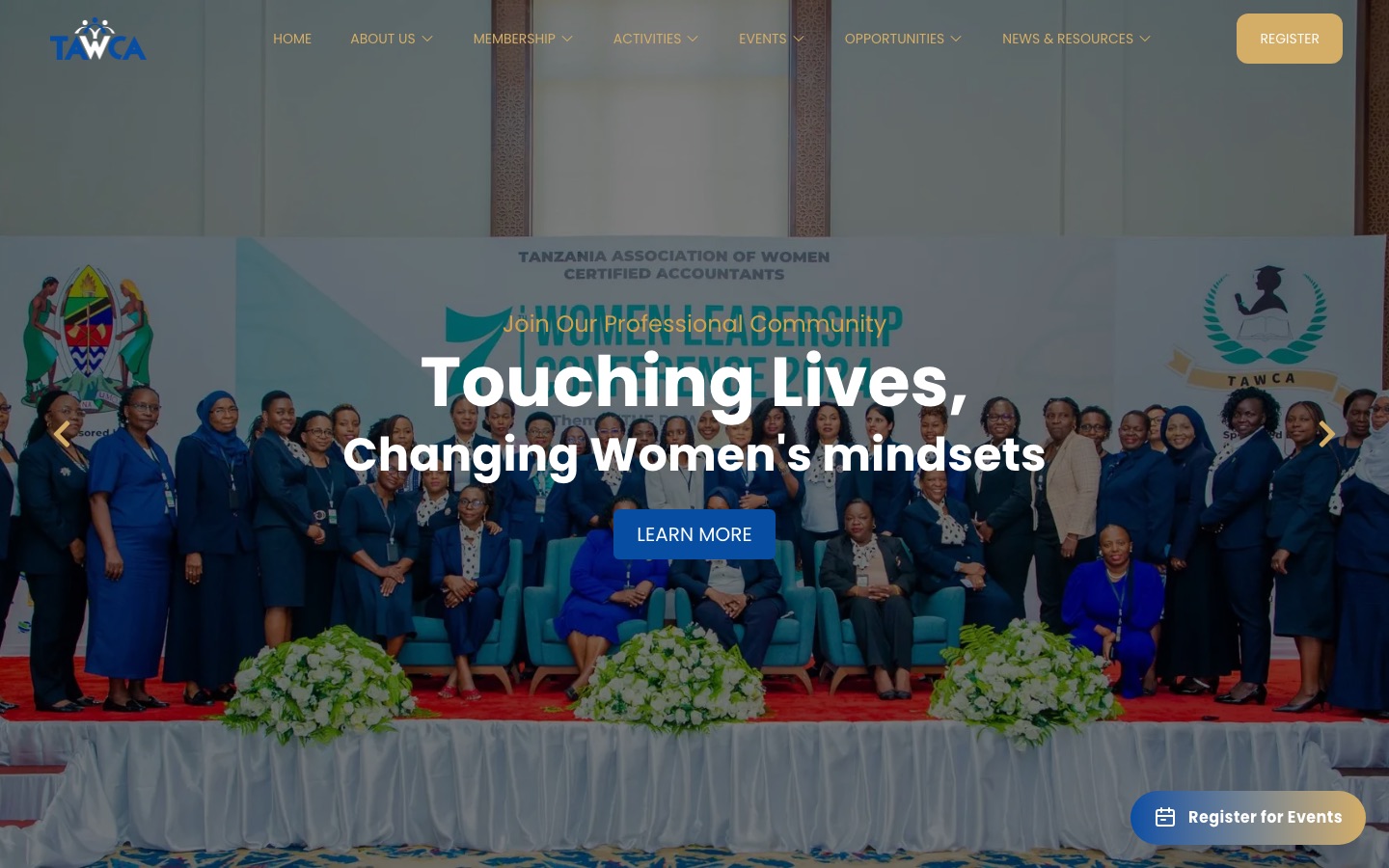 TAWCA, Association website and management dashboard: home page screenshot