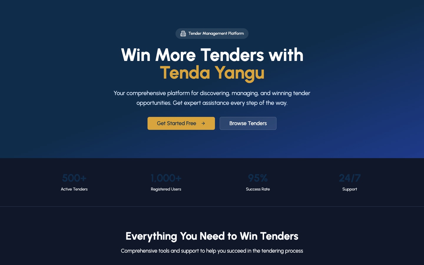 Tenda Yangu, Tender discovery and bid management: home page screenshot