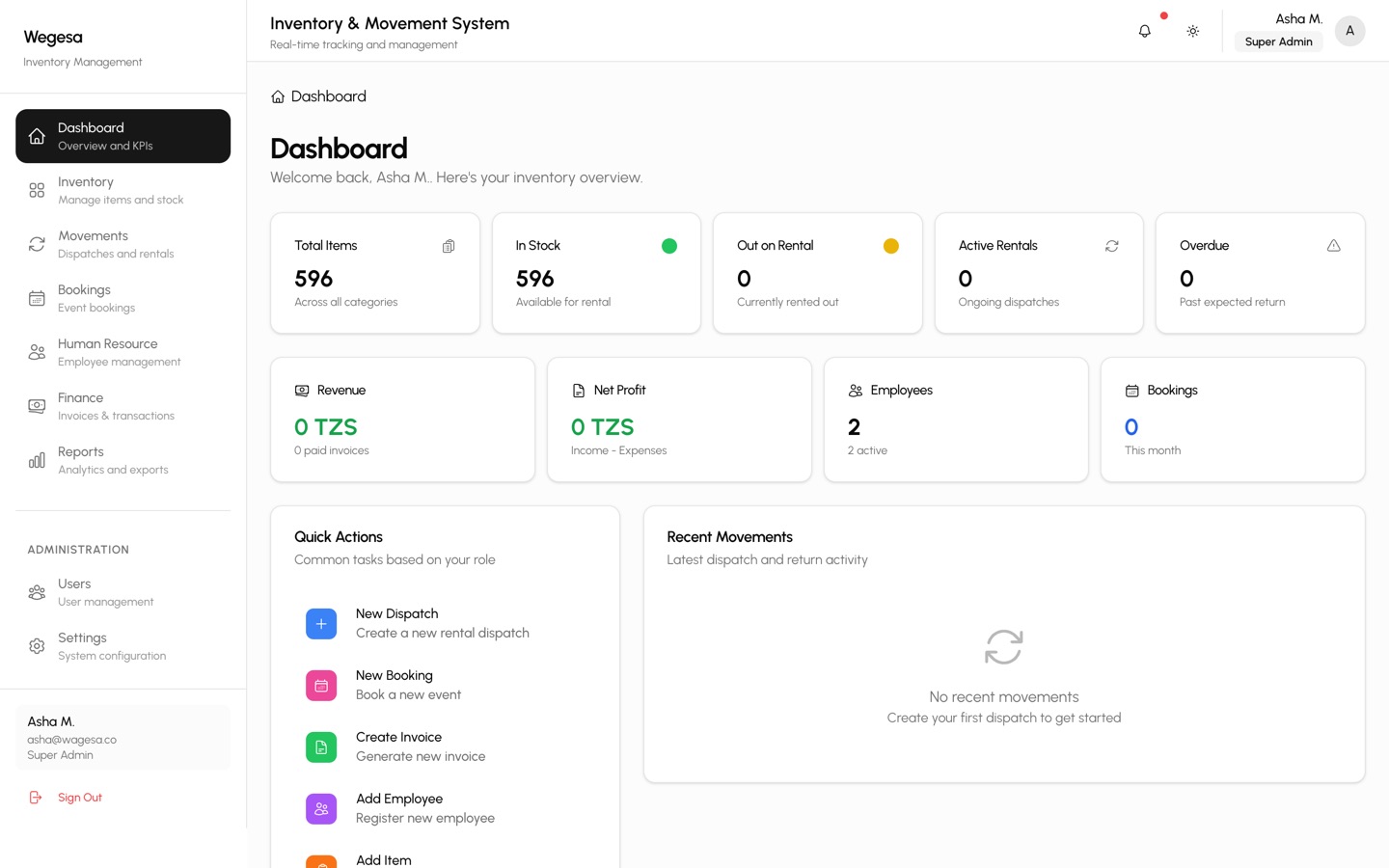 Wegesa, Event rental stock tracking: home page screenshot